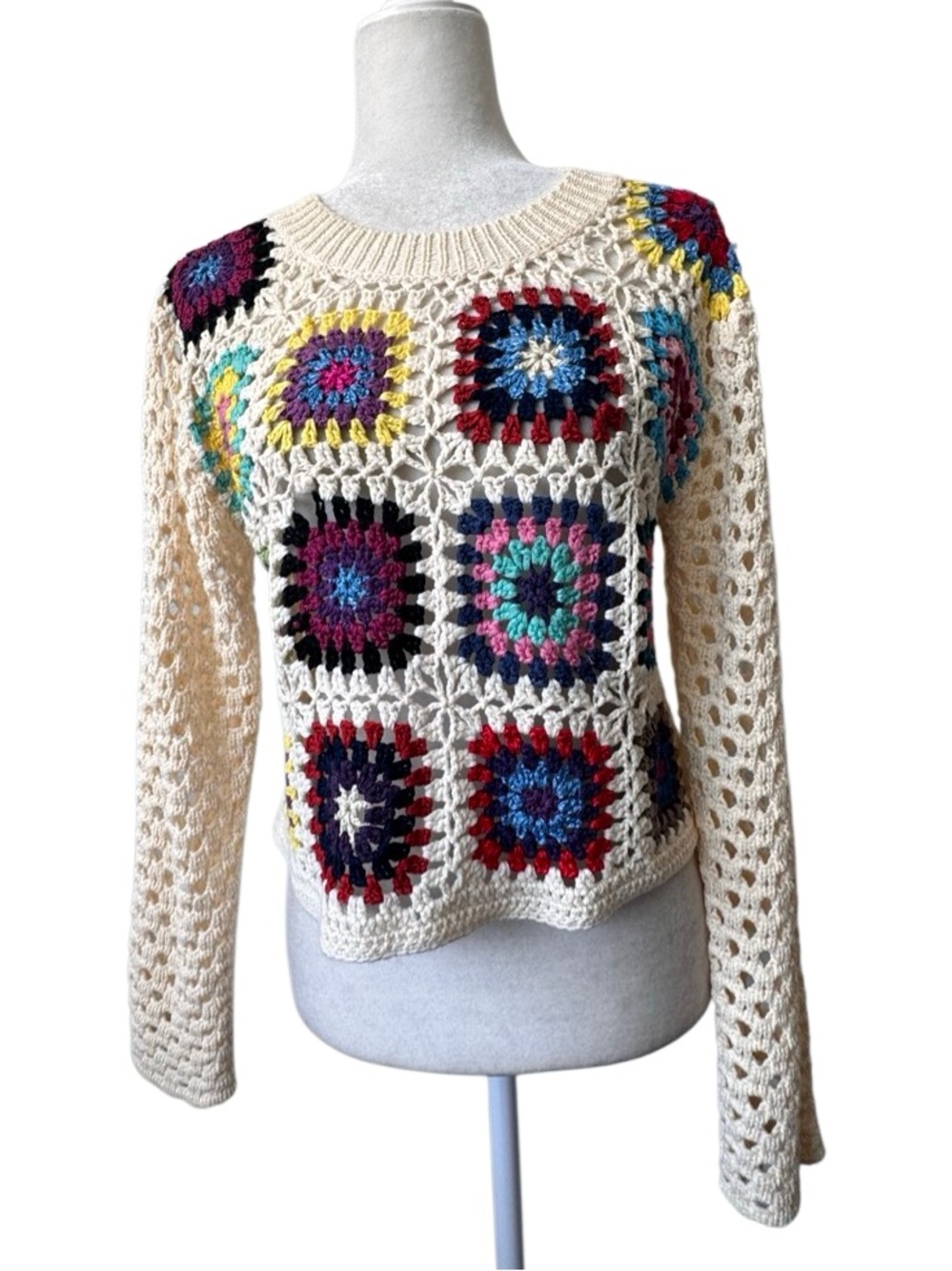 Luna Ivy Crochet Patchwork Cream Multicolor Sweater Penny Lane Boho SZ M